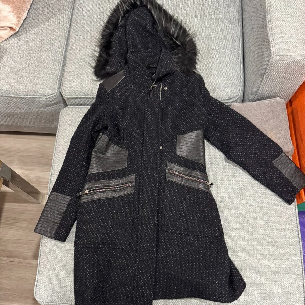 Via Spiga mixed media navy wool faux fur trim hood faux leather coat, 2